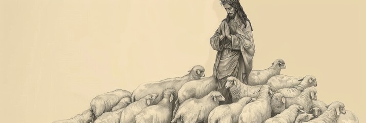 A depiction of Jesus as the Good Shepherd watching over His flock, symbolizing divine care and protection, ideal for biblical illustration and inspirational content