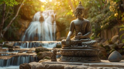 Buddha statue in serene forest setting with waterfall and sunlight