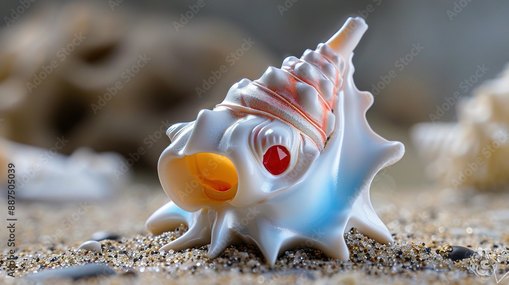 Poster close-up of a toy seashell on a sandy beach with rocks in the background and a seagull in the foregr