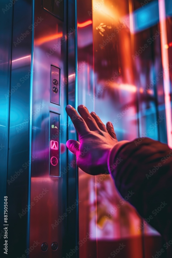 Poster A person pressing the button to stop or call the next floor in an elevator