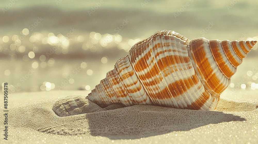 Poster   Close-up seashell on beach with ocean background and blurred background
