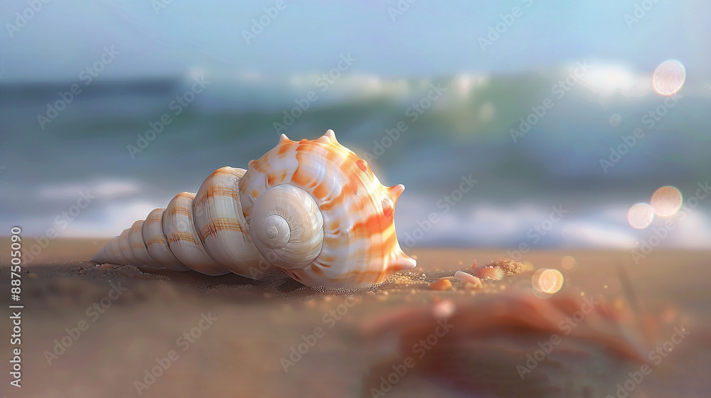 Poster   Close-up of seashell on beach with wave in background and blurry ocean in foreground