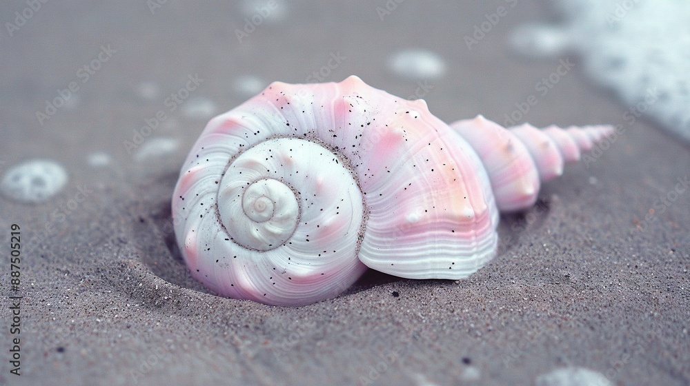 Poster close-up of a seashell on a beach with a starfish and sand in the foreground and background