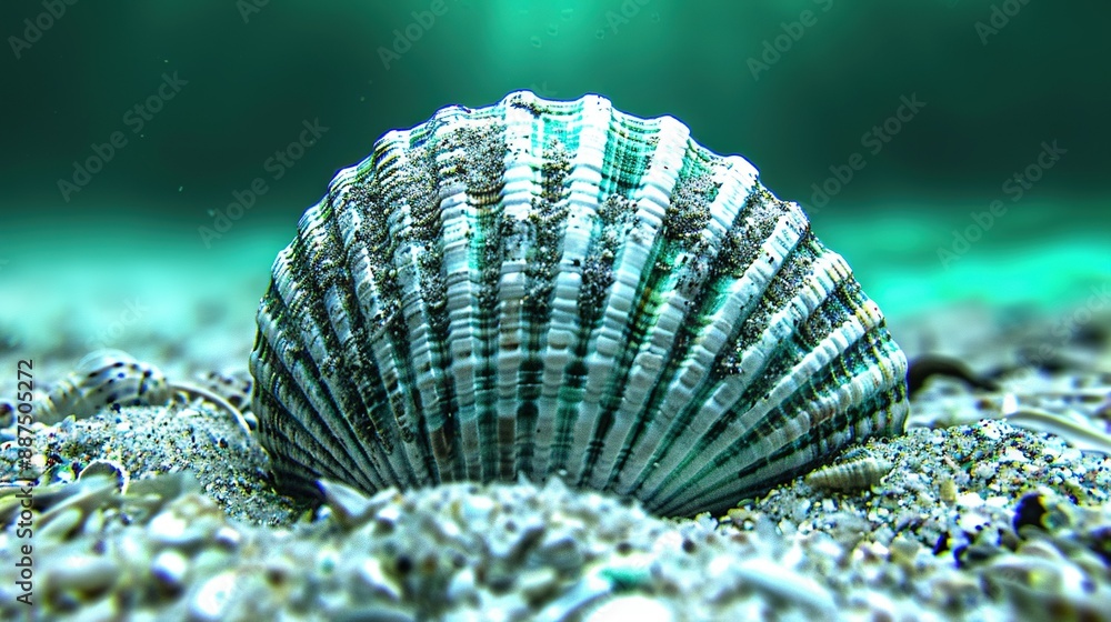 Poster a close-up of a seashell on a sandy bottom with water in the background and a green light in the for