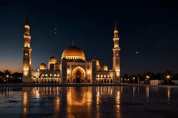 A mosque at night with the lights