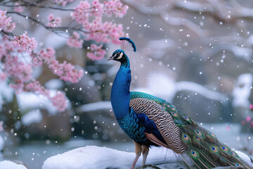 Fototapeta premium Green peacock and pink flowers