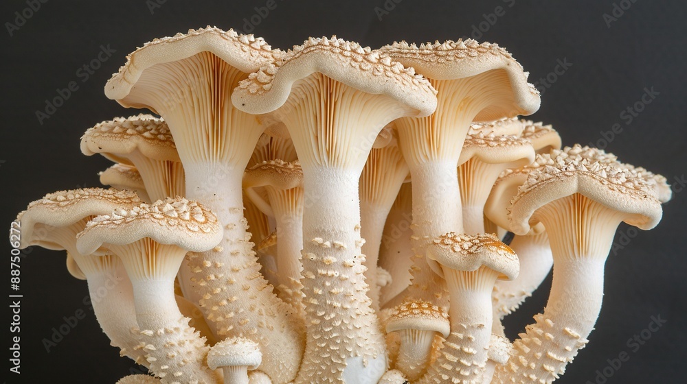 Poster a close-up of several mushrooms against a dark background with a black border around the image