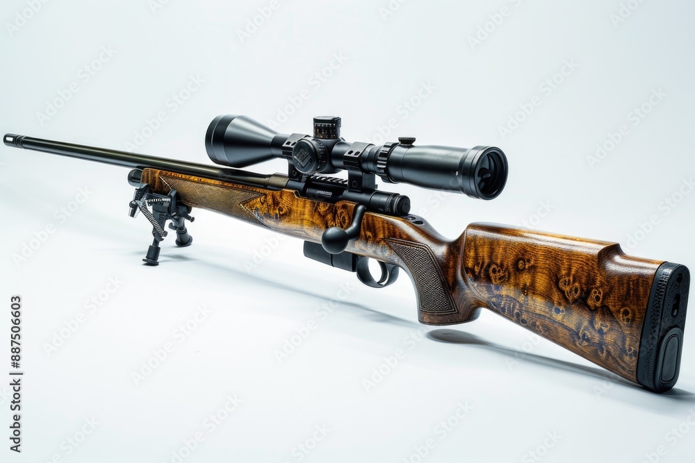 Poster A close-up view of a rifle with a scope on a white background, ideal for use in editorial or advertising content