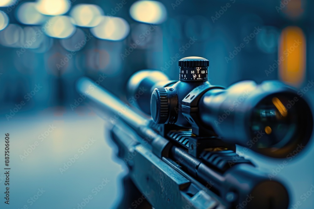 Poster a close-up shot of a rifle lying on a table, possibly used for hunting or as a decorative item