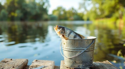 Freshly caught fish in a metal bucket on a wooden pier by a lake. Concept of fishing, outdoor activity, nature, fishing gear
