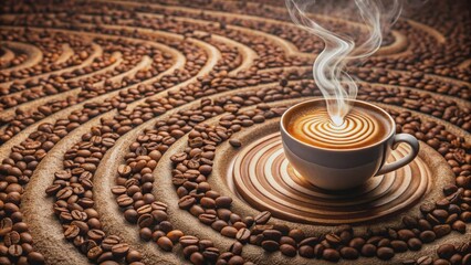 Naklejka premium A intricate, swirling coffee maze emits wispy steam trails, symbolizing a coffee connoisseur's winding path of discovery, rich in aromatic flavor and sensual delight.