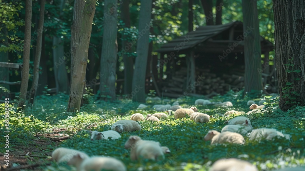 Poster   A group of sheep feeding on a verdant meadow near a forest with a shed in the distance