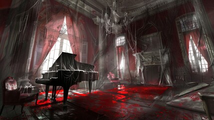 Grand piano in an abandoned and decaying opulent room with cobwebs and broken windows. Concept of urban exploration, decay, abandoned places, haunted house, scary room, Halloween