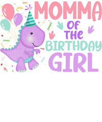 A cute purple dinosaur wearing a birthday hat and holding balloons with the text 