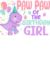 A cute purple dinosaur wearing a party hat and holding balloons, with text 