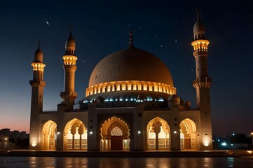A mosque at night with the lights