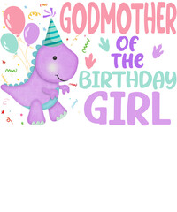 A cute purple dinosaur wearing a party hat and holding balloons, with the text 