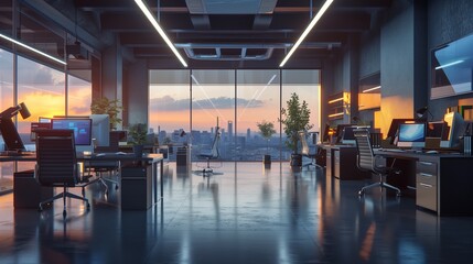 a high-tech office space with modern furniture and advanced technology,