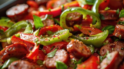 Sliced green peppers with smoked sausage