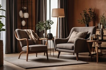 Cozy living room with two armchairs and floor lamp with natural light