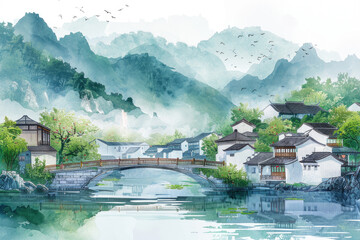 Mountain ancient town, white walls, ancient river bridge, Chinese painting