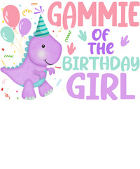 A cute purple dinosaur with a party hat and balloons celebrates a birthday. The text 