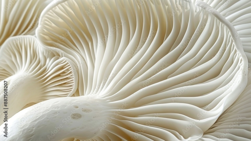 Poster close-up image of a white mushroom with a bird perched on its back and another bird in front