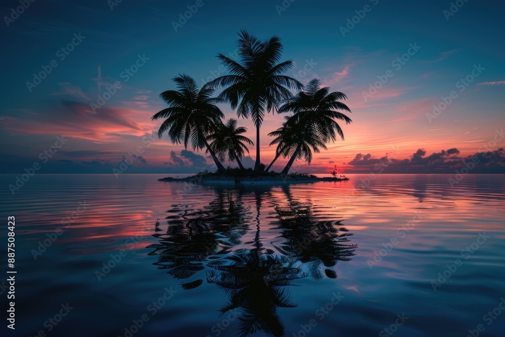 Poster a pair of palm trees sit atop the calm surface of a lake or river, surrounded by greenery