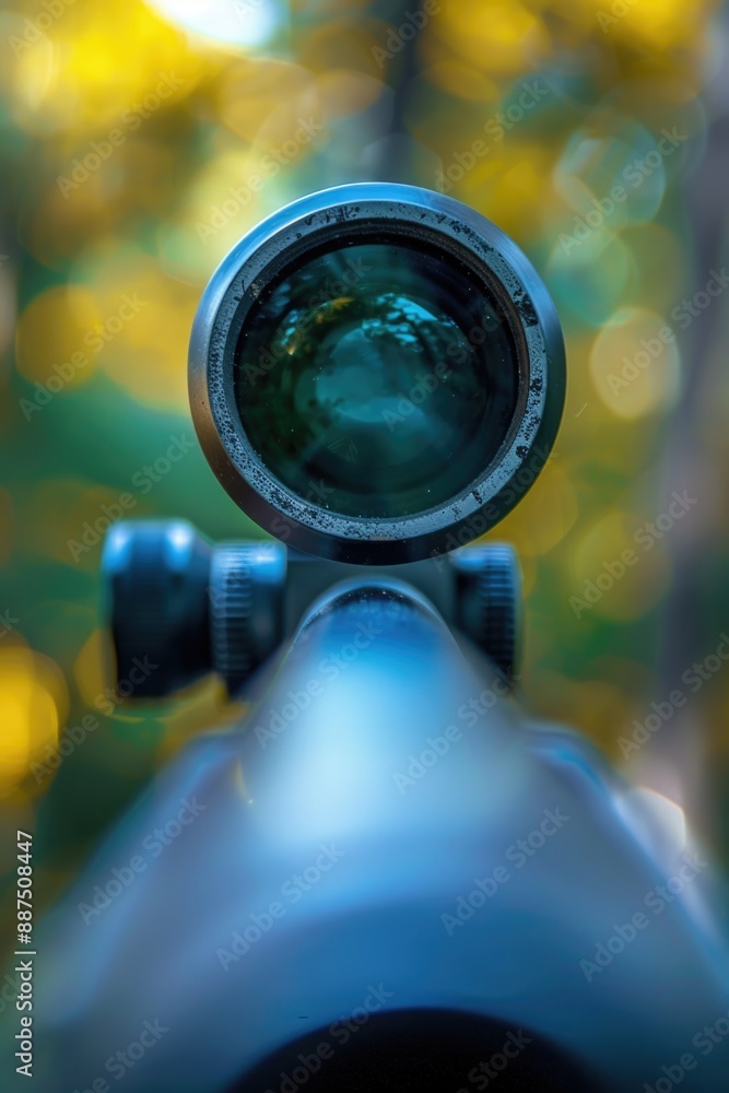 Poster a close-up shot of a rifle scope with a blurred background