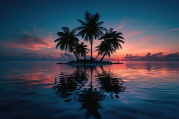A pair of palm trees sit atop the calm surface of a lake or river, surrounded by greenery