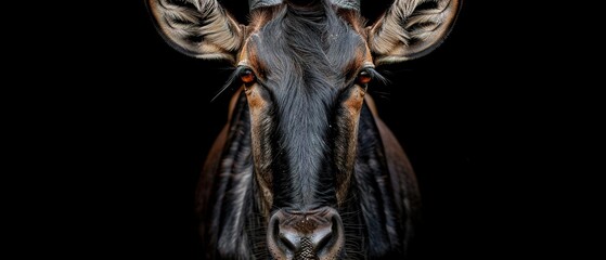   Goat's head close-up, horned against black background