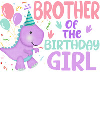 Cute purple dinosaur wearing a party hat with balloons and confetti, celebrating a birthday with the text 