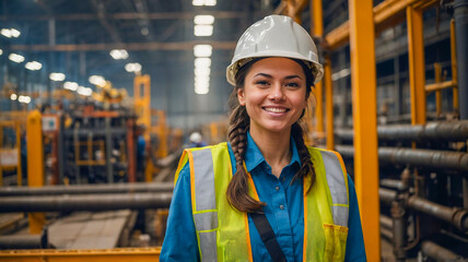 Beautiful female engineer wearing a yellow hard hat and safety vest She smiled and stood in front of many industrial pipes and complicated machines.