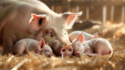 pig resting with her piglets in a cozy barn, illustrating a family moment -