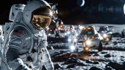 Fototapeta premium Astronauts setting up a research station on the moon, representing future lunar exploration