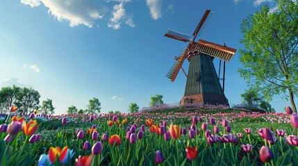 super realistic image of a traditional windmill in a field of tulips with a clear blue sky,