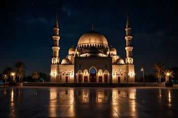 A mosque at night with the lights