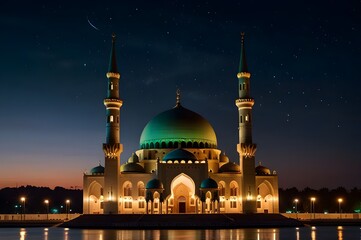 A mosque at night with the lights