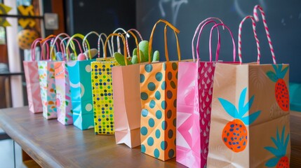 A row of colorful gift bags with patterned designs sits on a wooden table