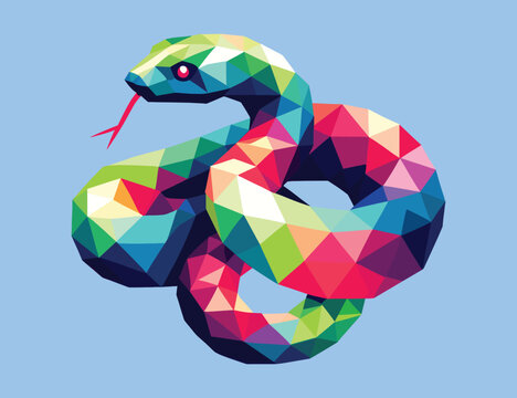 Low polygon of snake isolated on blue background, vector illustration, animal theme