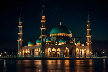 A mosque at night with the lights