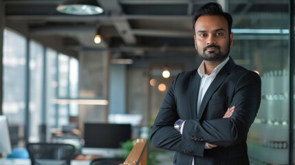 Fototapeta premium Confident Indian businessman looking at camera standing in modern office.&nbsp;Handsome classy corporation owner.&nbsp;Business portrait
