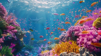 Fototapeta premium An underwater view of the Great Central swiming in an ocean teeming with colorful coral reefs and diverse marine life, showcasing its unique beauty.