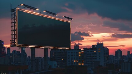 Empty black billboard against a cityscape background in the evening viewed from a perspective angle Advertising concept mockup