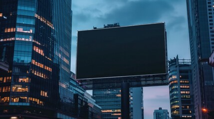 Empty black billboard against a cityscape background in the evening viewed from a perspective angle Advertising concept mockup