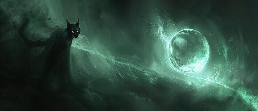  Black cat against green backdrop with orb..The optimization and fix for the given text is: Painting: Black cat on green background with orb (37