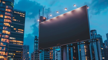 Obraz premium Empty black billboard against a cityscape background in the evening viewed from a perspective angle Advertising concept mockup