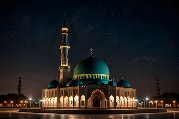 A mosque at night with the lights