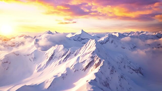 Frozen Majesty: Slow Motion Sunrise Over Serene Snow-Covered Mountains - made with Generative AI
