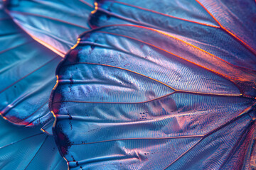 Beautiful abstract background of blue morpho butterfly wing close up. Texture with beautiful...